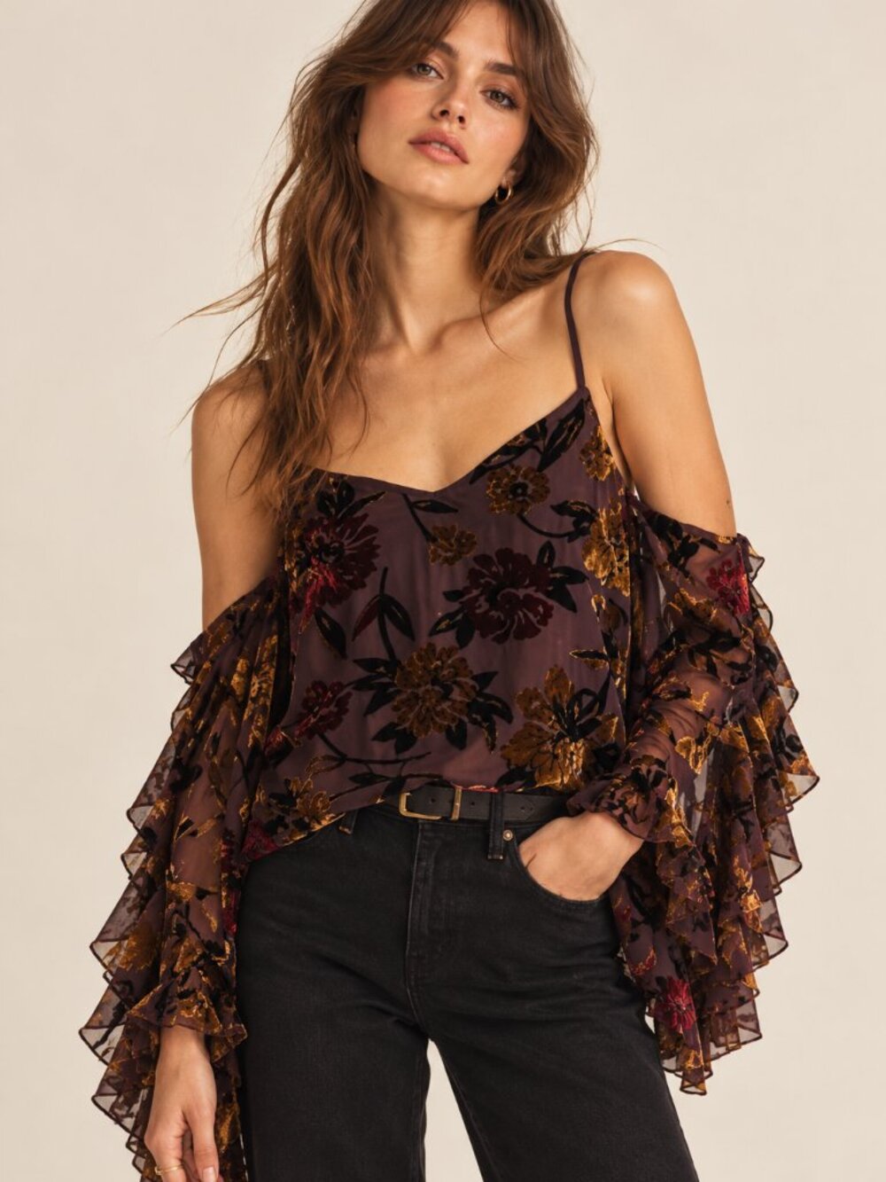 Amanda Uprichard Silk Blend Velvet Floral Ruffle Top Whimsigoth Fairy Grunge M